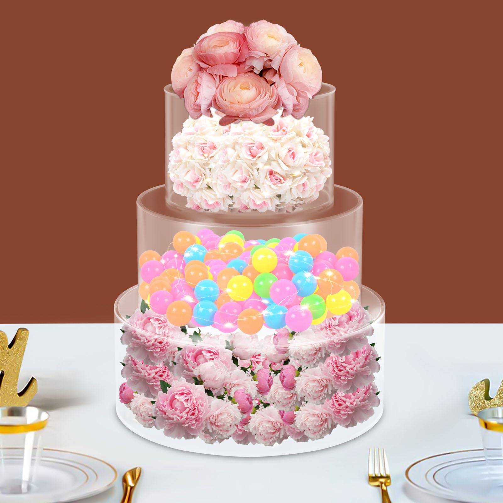 Acryl-KuchenstäNder,Zylindrischer TortenstäNder Mit Led-Lichtstreifen,WiederbefüLlbarer DessertstäNder,AusstellungsstäNder FüR Hochzeiten Party (6 + 8 + 10 Zoll)