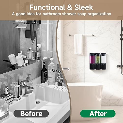 Miniatura 5 de Dispensador de jabón de ducha montado en la pared, champú acondicionador, dispensador de ducha para lavado corporal de 3 cámaras, sin taladro, Negro