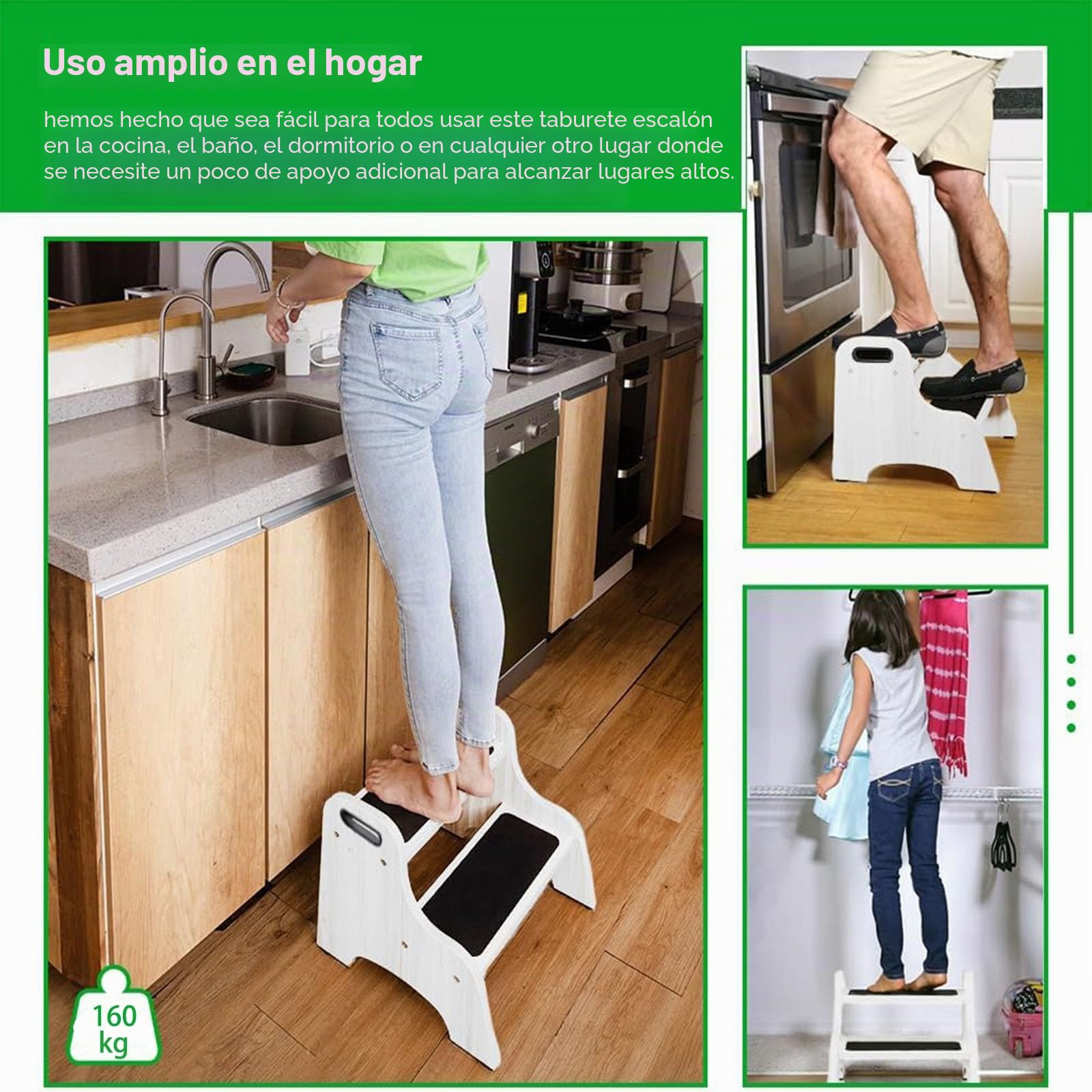 StrongTek Taburete de madera de 2 escalones para niños con superficie antideslizante, asas portátiles, almohadillas antideslizantes y capacidad de 350 libras, soporte multiusos resistente (blanco)