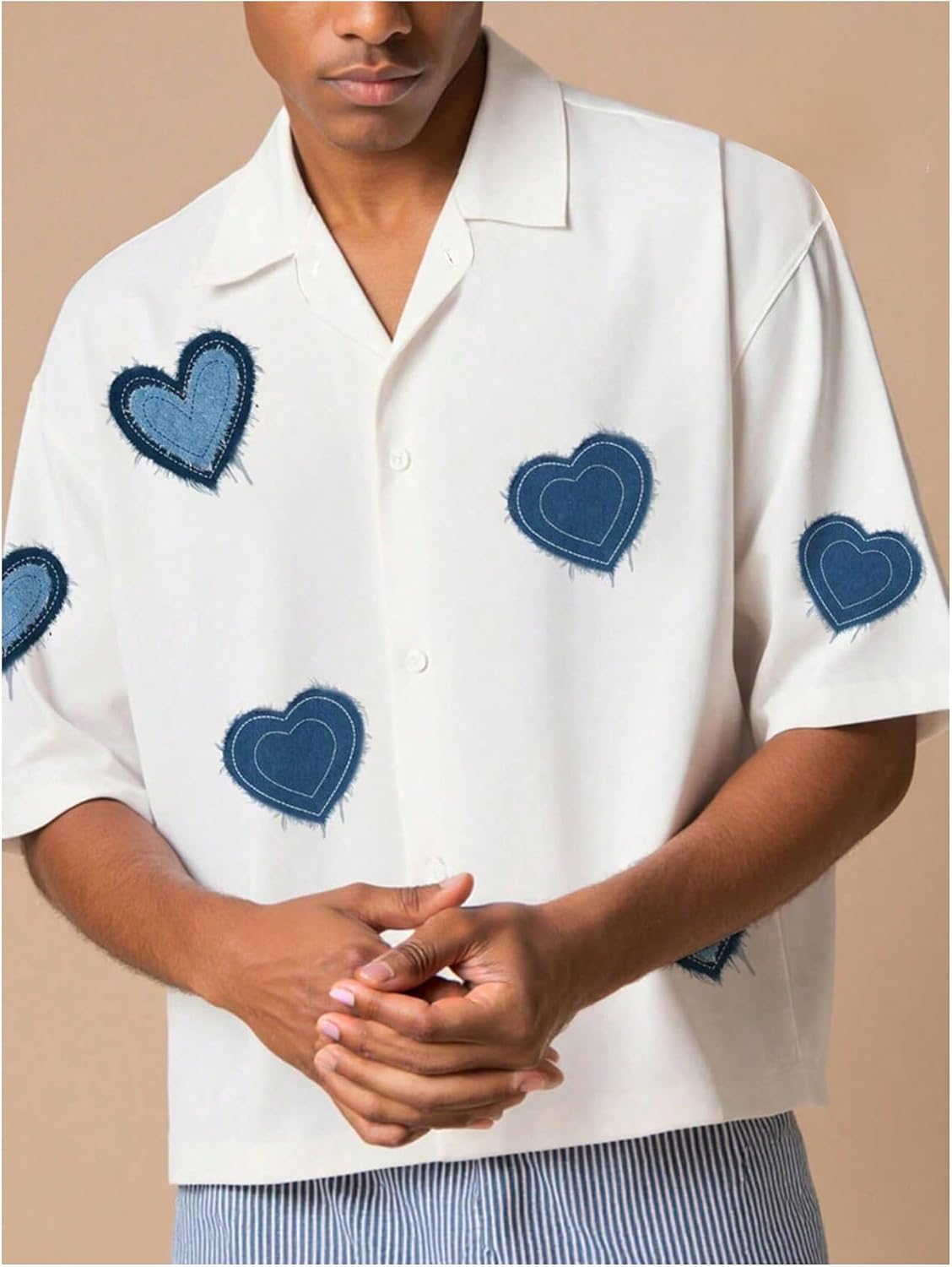 GORGLITTER Men's Oversized Cropped Shirts Y2K Heart Graphic Button Down Streetwear Boxy Summer Casual Shirt