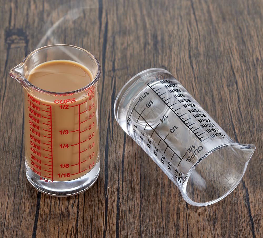 Vaso medidor de vaso de chupito de 120 ml, taza de vidrio expreso pesado líquido, línea negra y roja, boquilla en forma de V