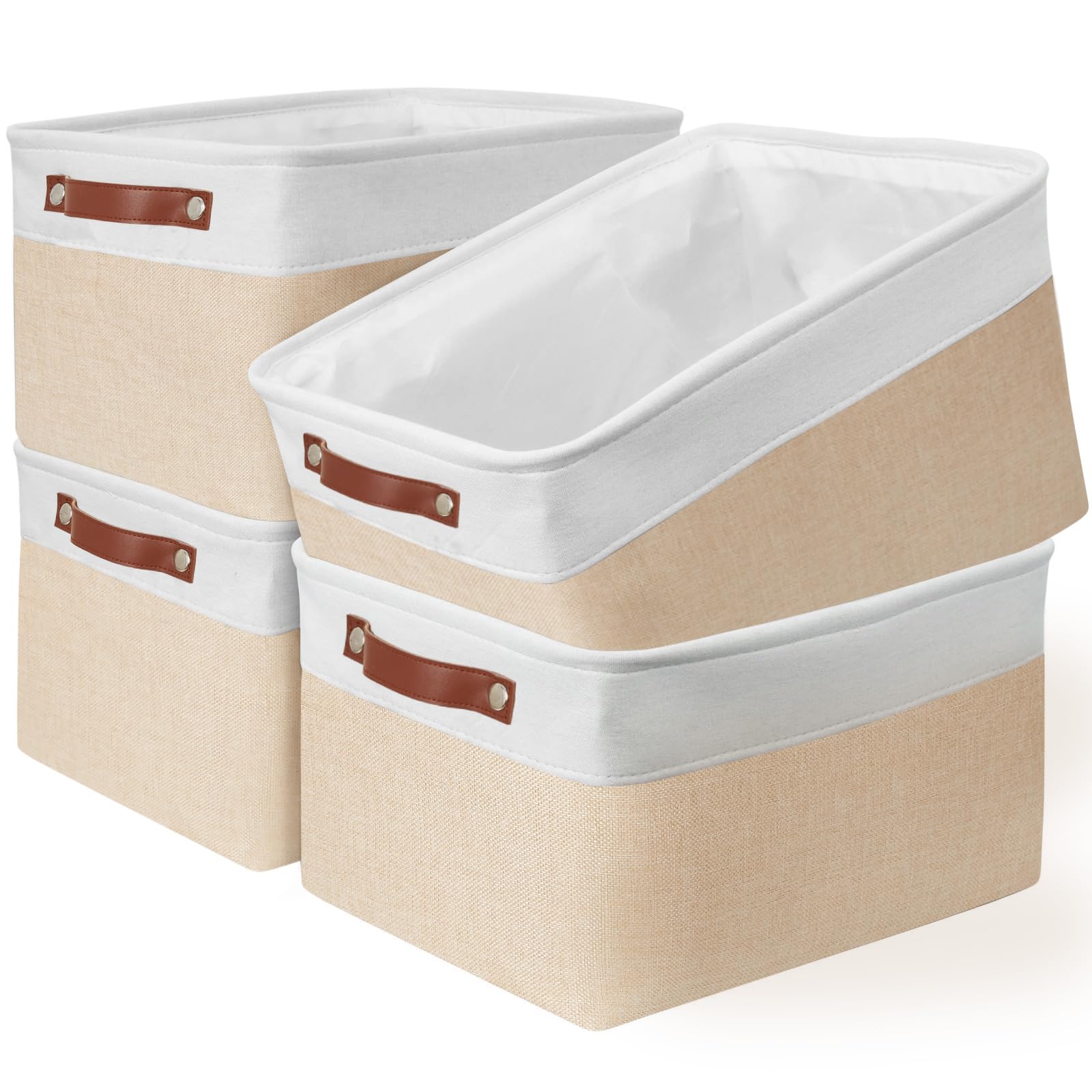 Pulnimus Storage Basket for Organizing - Large 4 Pack 15.7x11.8x8.2 inch Collapsible Storage Bins for Shelves, Fabric Storage Cubes for Cubes Toy Gift Dog Nursery (White & Khaki)