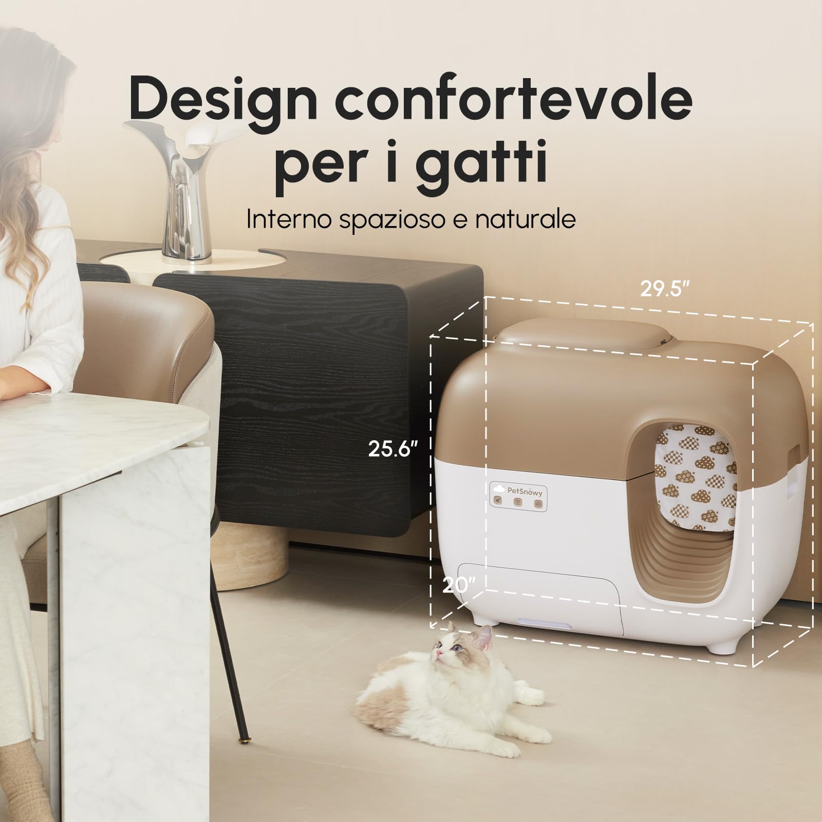PetSnowy Snow+ Lettiera Gatto Autopulente con Stop all'odore di TiO2 alla fonte/Controllo tramite APP/7 livelli di protezione/Rilevamento multiplo di gatti, Max Capacità 83L per gatti 1,5-9 kg