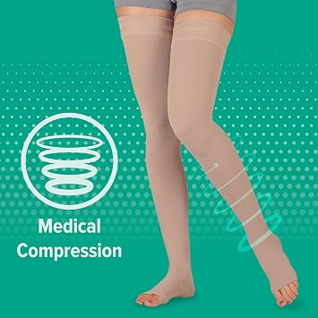 Juzo Basic 4411 Thigh-High, 20-30 mmHg, Open Toe Compression Stocking with Silicone Top Band - Men & Women, Regular, 3 (III), Beige