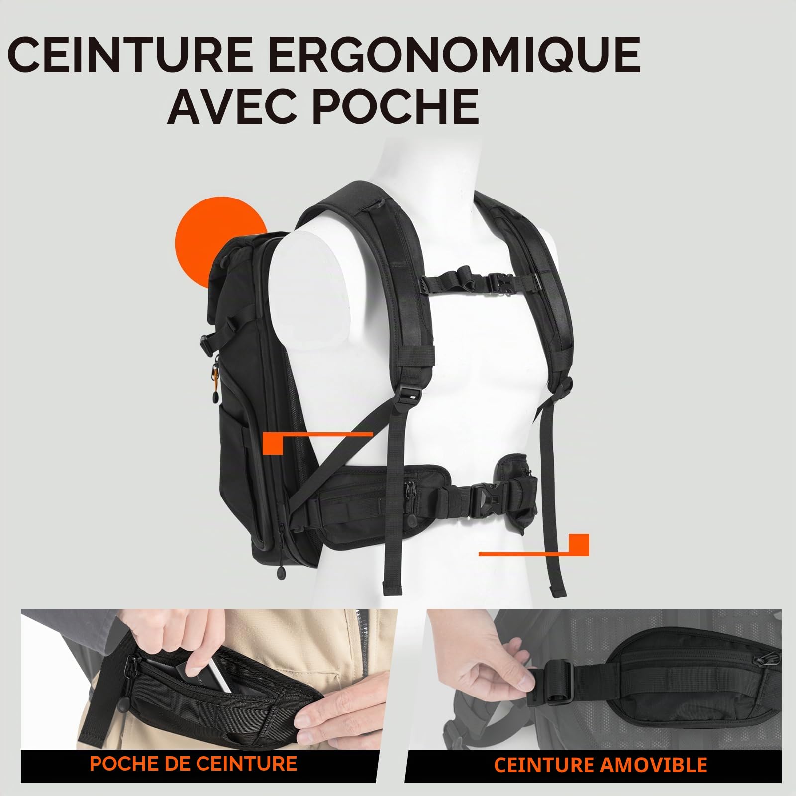 TARION Sac à Dos Photo Professionnel - Compartiment 16'' pour PC + Ouvertures Latérale/Arrière Rapides, Housse Imperméable et Ceinture Amovible - Pour Appareils DSLR Thorner