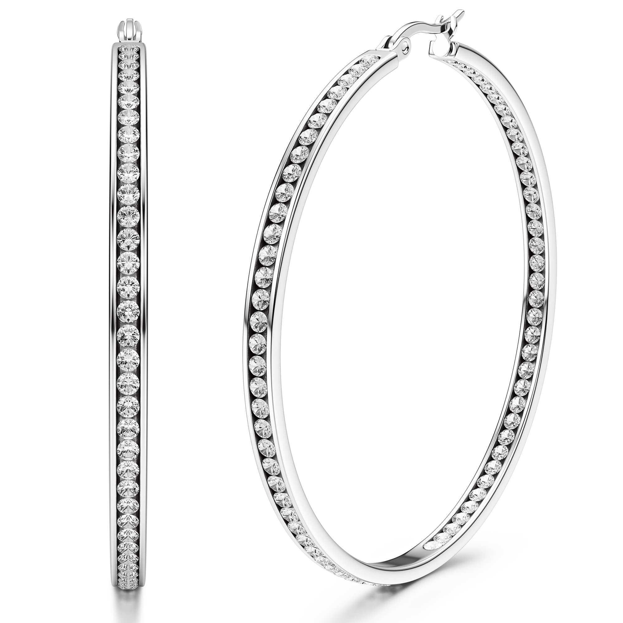 Adramata Pendientes Mujer Acero Inoxidable Aros con Circonia Cúbica 40mm/50mm/60mm Pendientes Aro Mujer Plata/Oro/Oro Rosa