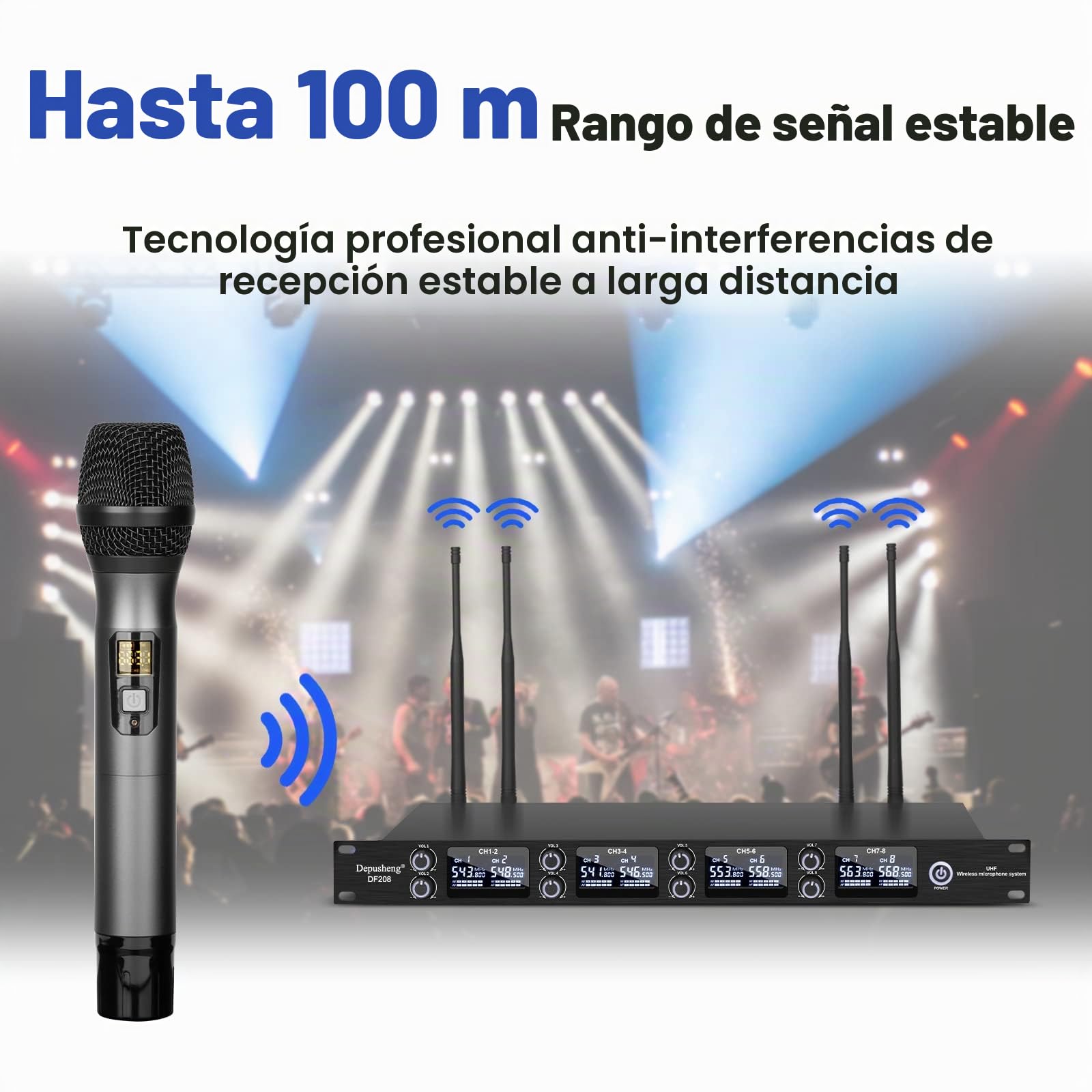 Depusheng DF208 UHF Micros Inalámbrico System de Micrófono Portátil Dinámico Profesional de 8 Canales Caja de Metal Emparejamiento Automático de Frecuencias Adaptado a la Escena, Conferencia