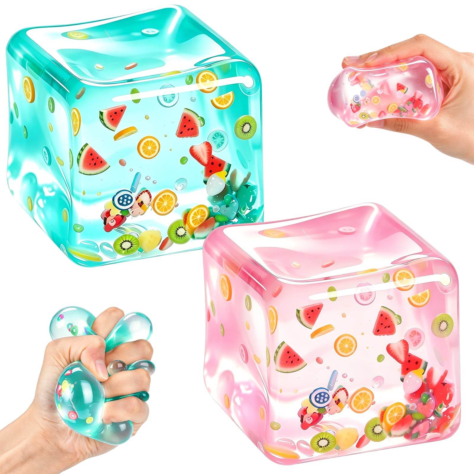 2 PCS Fruits Squishy Fidget Toys, Stress Balls Ice Cube with Sliced Fruit Figure Inside, Sensory Toys for Anxiety Relief, Slow Rise Stress Cube Gift for Adults and Kids