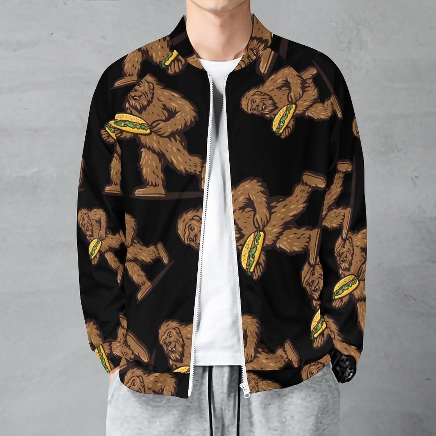 Sasquatch Bigfoot Carrying Tacoes Men's Zip Up Sweatshirt Casual Sweater Jackets Long Sleeve Tops Lightweight Coat