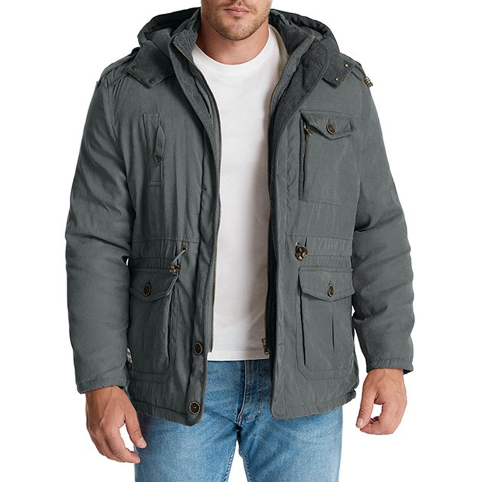 Chaqueta de invierno con capucha para hombre, forro polar, de algodón grueso, chaqueta militar con bolsillos tipo cargo, abrigos de trabajo