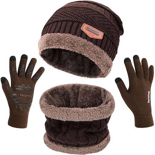 MAYLISACC Winter Knit Beanie Hat Neck Warmer Scarf and Touch Screen Gloves Set 3 Pcs Fleece Lined Skull Cap for Men Women