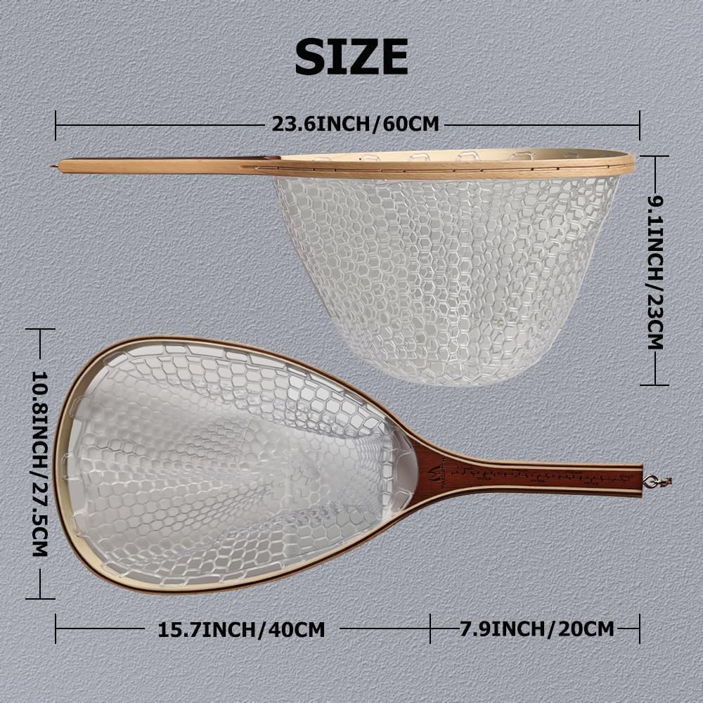 Maxcatch Fly Fishing Net, Built-in Ruler on the Handle, Wooden Frame Soft Rubber Mesh, with Magnetic Net Release Included, for Safely Landing Hooked Trout Bass