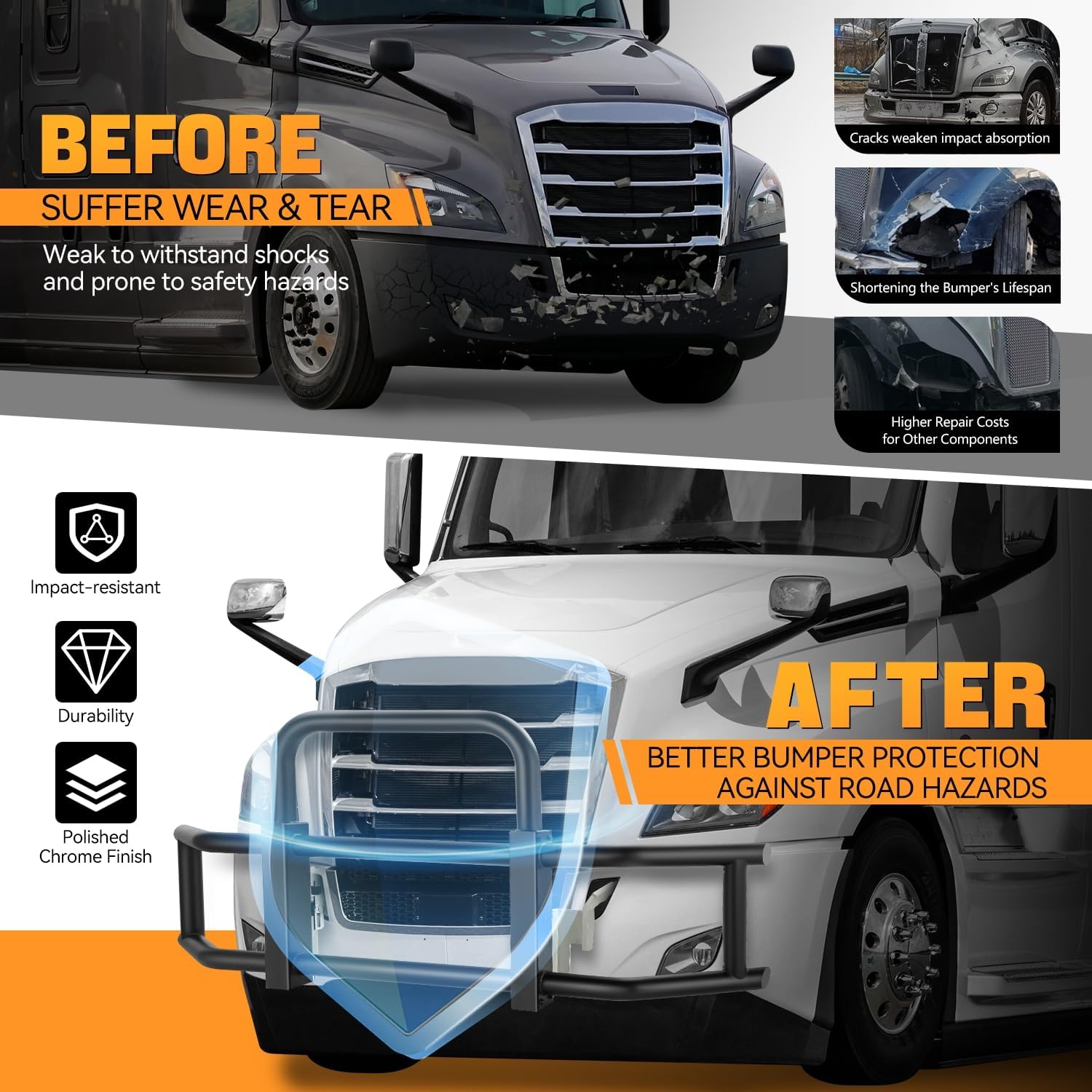 Auto Dynasty Front Bumper Brush Bull Bar Deer Guard Compatible with 2018-2023 Freightliner Cascadia, 3mm Thick Iron Tubing, Powdercoated Matte Black