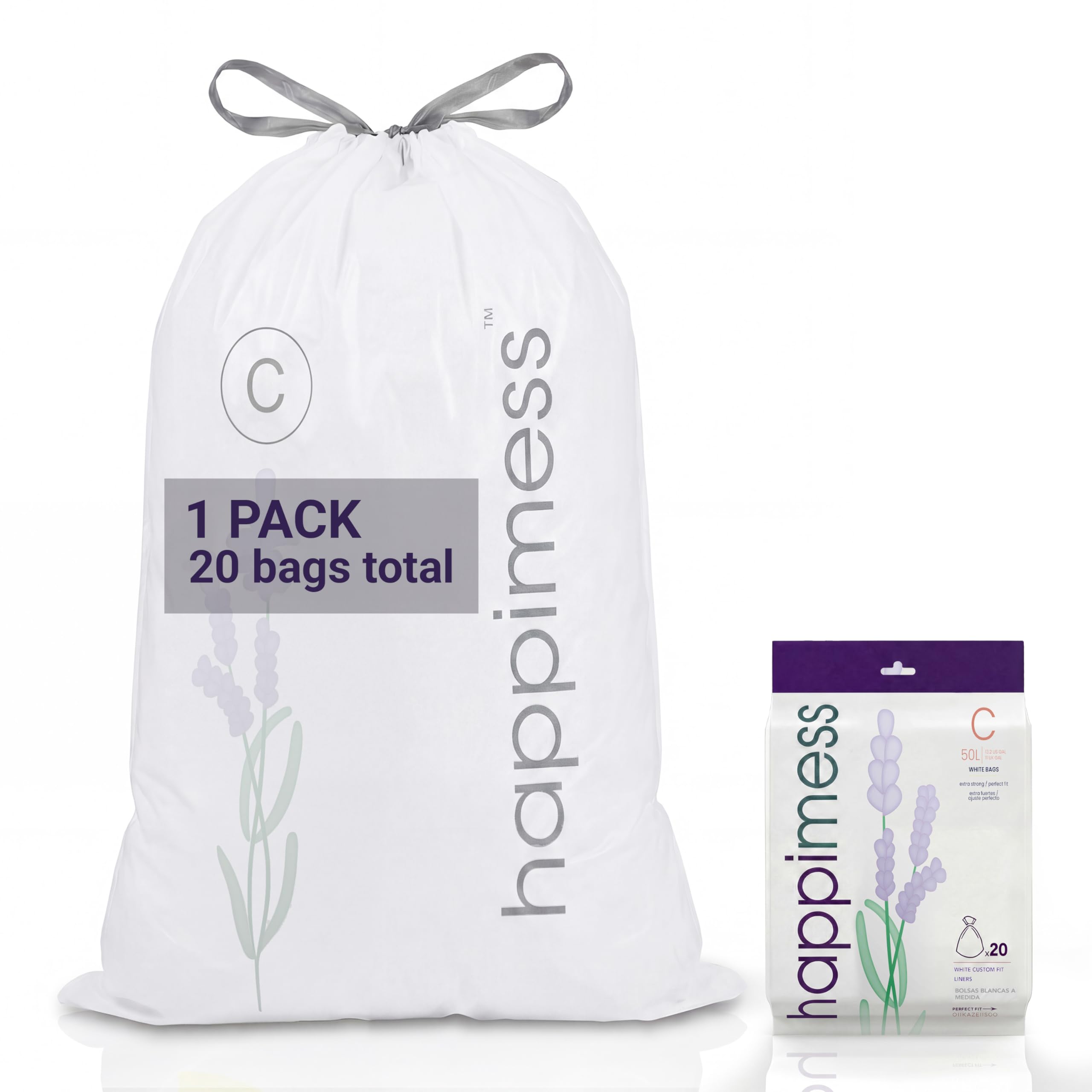 happimess White (Lavender Scented) / 20 Count (Pack of 1) / 13.2 gallons Trash Bags