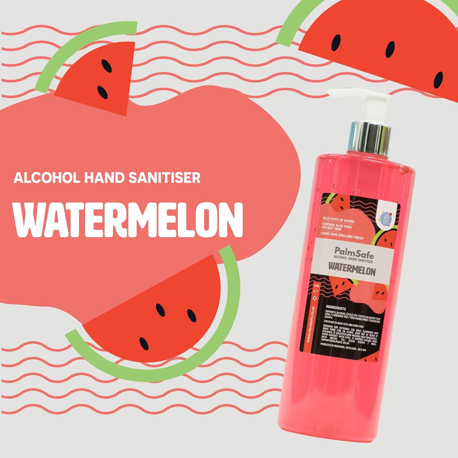 Palm Safe Watermelon Scented Hand Sanitiser Gel Pump Bottle - Fragranced and Moisturising - Formulated with Isopropyl Alcohol and Aloe Vera - Large Refillable Bottle, 500ml - Image 3