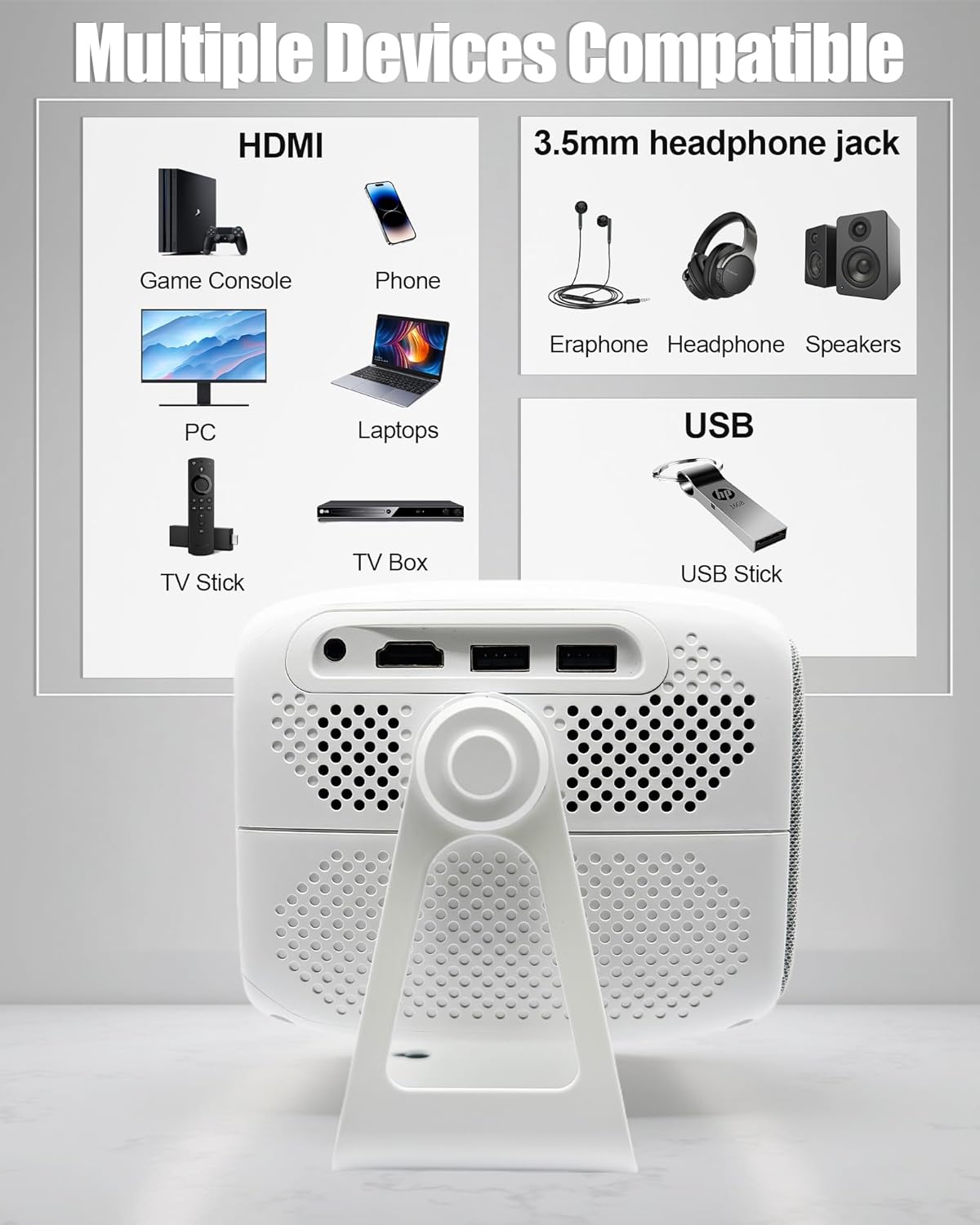【Official Licensed Netflix & Electric Focus】Mini Projector with WIFI and Bluetooth, 270° rotation, Braided fabric design, Outetrails Native 1080P Movie Projector with Built-in Speaker, 900ANSI, White