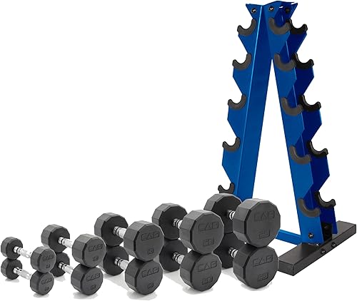 Vista 11 de CAP Barbell Juego de mancuernas hexagonales recubiertas de 150 libras con estante vertical Múltiples opciones Estante azul