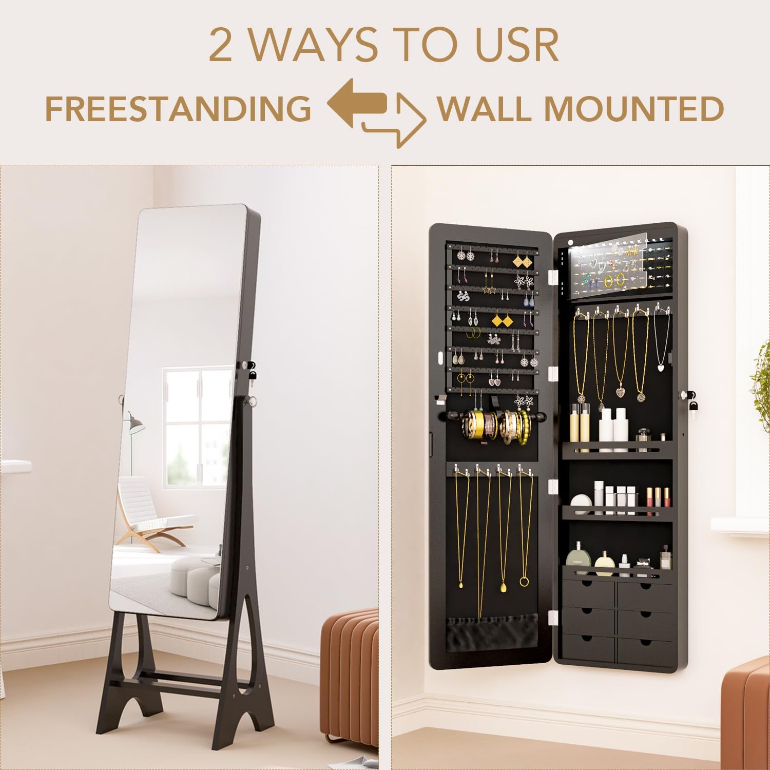 Standing Mirror Jewelry Cabinet,Full Length Mirror Jewelry Armoire Jewelry Organizer Lockable Jewelry Storage for Women Girl Frameless LED Lights 6 Drawers Black - Image 6