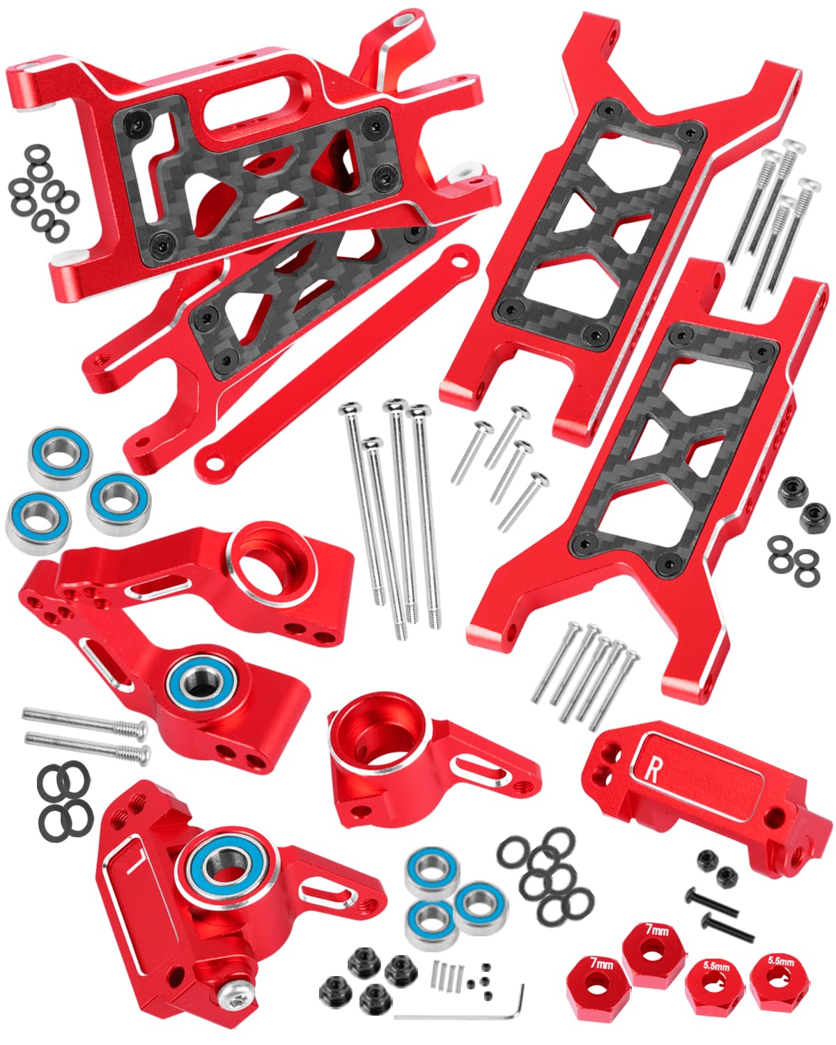 RcarmubWow RC Upgrades Part for 1/10 Slash 2WD,Slash 2WD VXL,Alloy Aluminum Front Rear Suspension Arms,Front Steering Block,Rear Stub Axle Carriers,Left Right Caster Blocks,Red