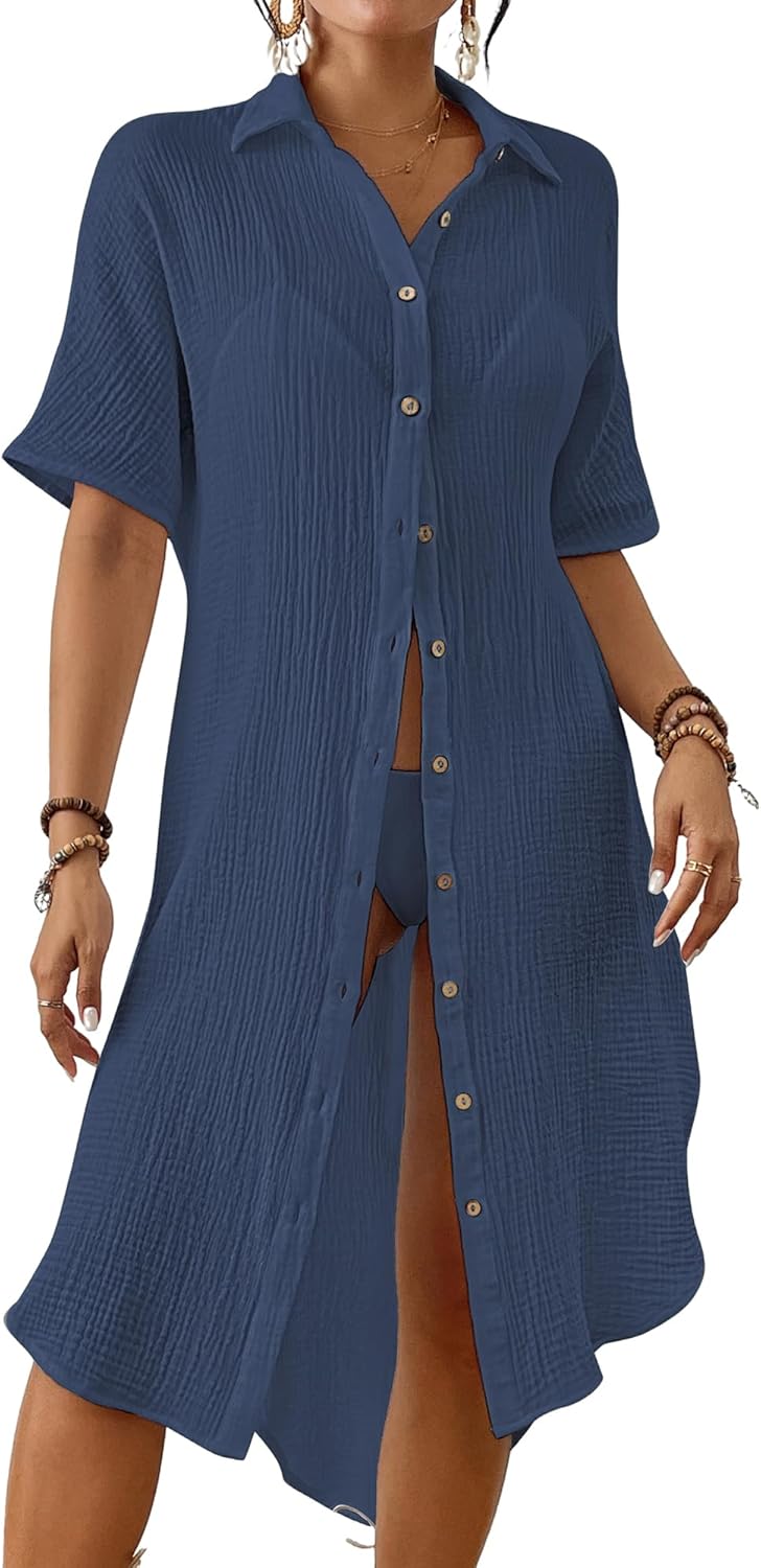 Bsubseach 2026 Cotton Beach Cover Up for Women - Long Button Down Swimsuit Coverup Bathing Suit Shirt Dress Vacation Outfits