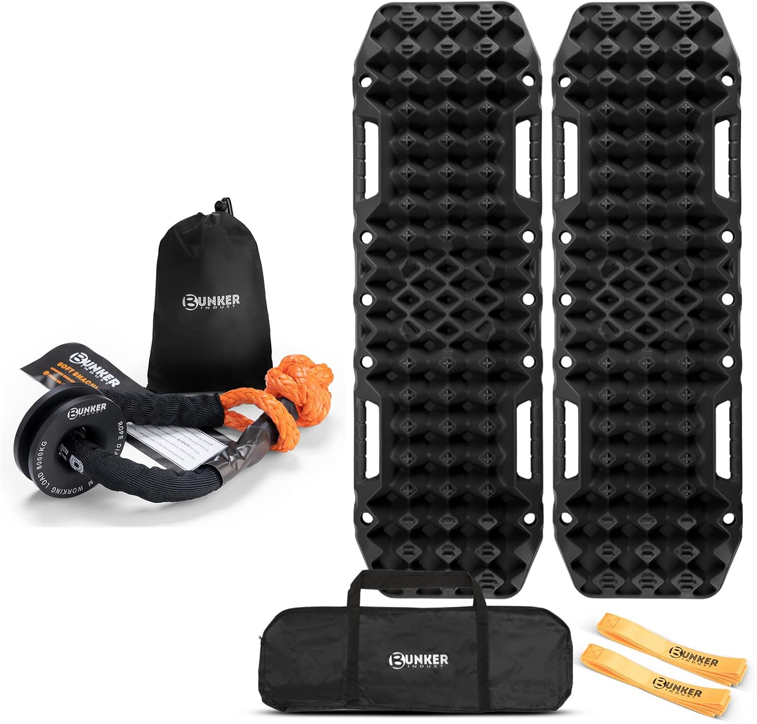 BUNKER INDUST Vehicle Offroad Recovery Kit, Pair Traction Boards Black + Synthetic Soft Shackle with Winch Ring