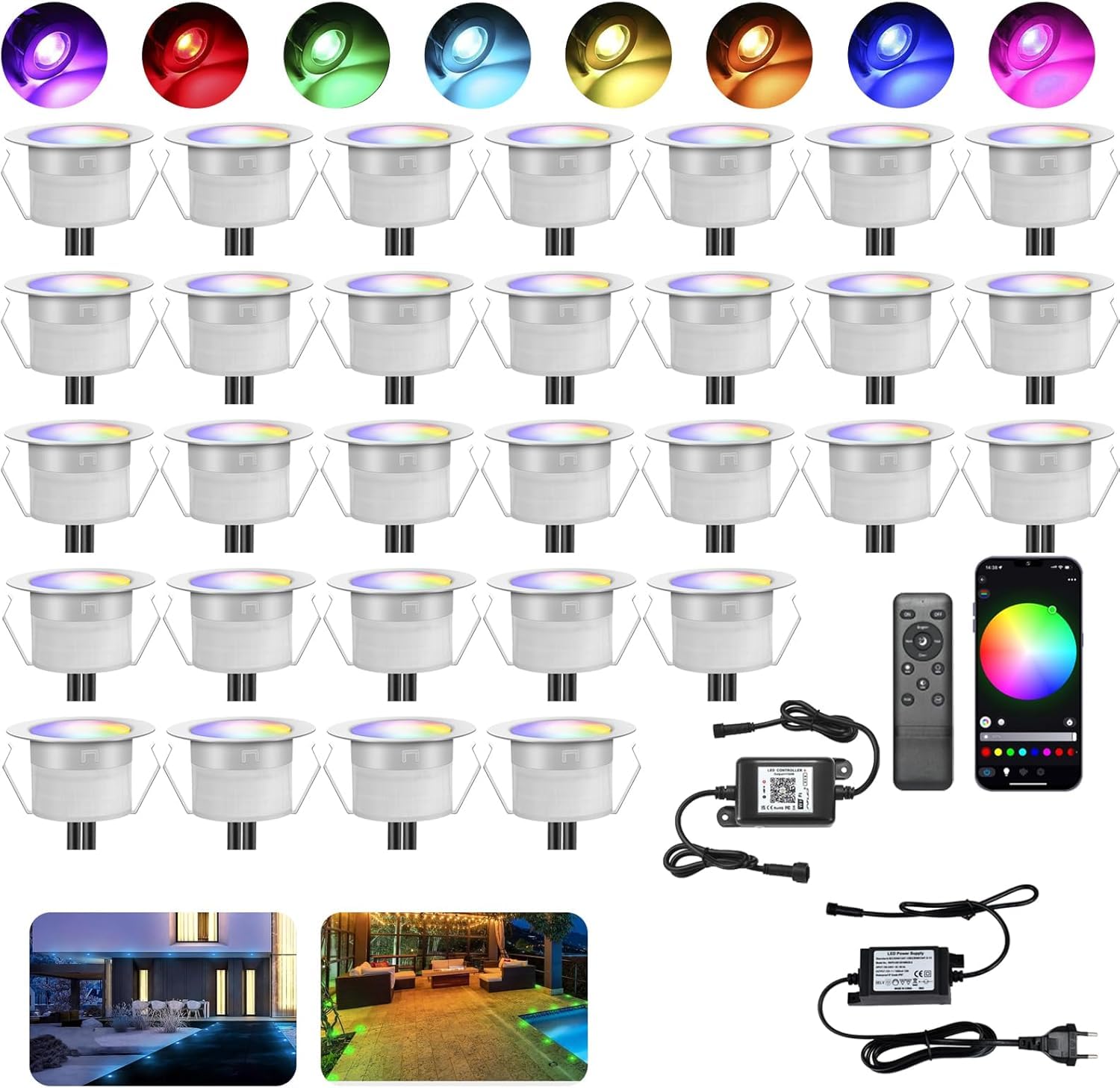 WiFi Lámpara de suelo Foco empotrable RGBW impermeable IP67 Ø45mm – Iluminación para terraza, patio, camino, pared, jardín, decoración, interior y exterior (paquete de 30)