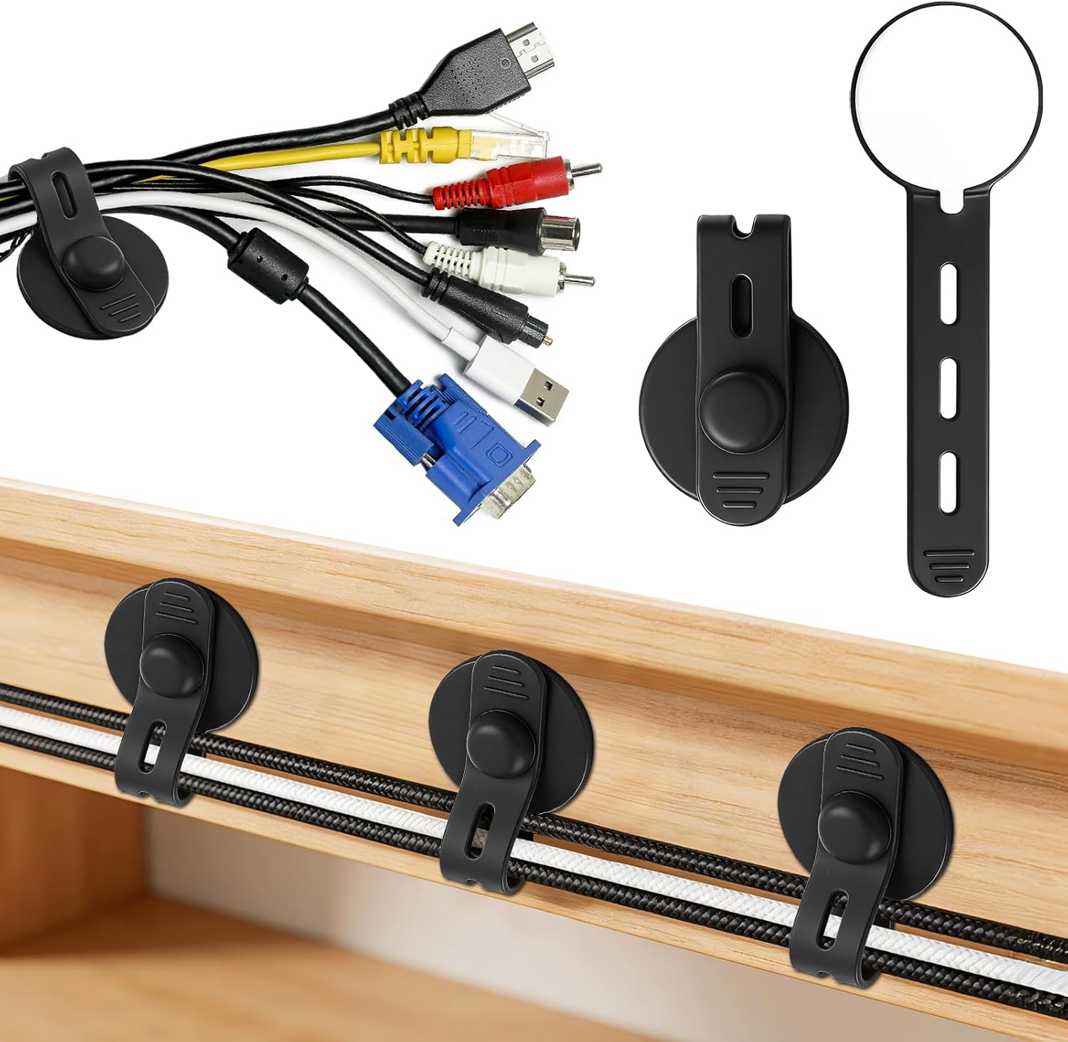 12 unidades de organizadores de cables para debajo del escritorio, tiras de sujeción de cables de silicona, organizadores de cables ajustables, clips de cables autoadhesivos con respaldo pegajoso para cables de datos y cables de alimentación de aparatos miniatura 1