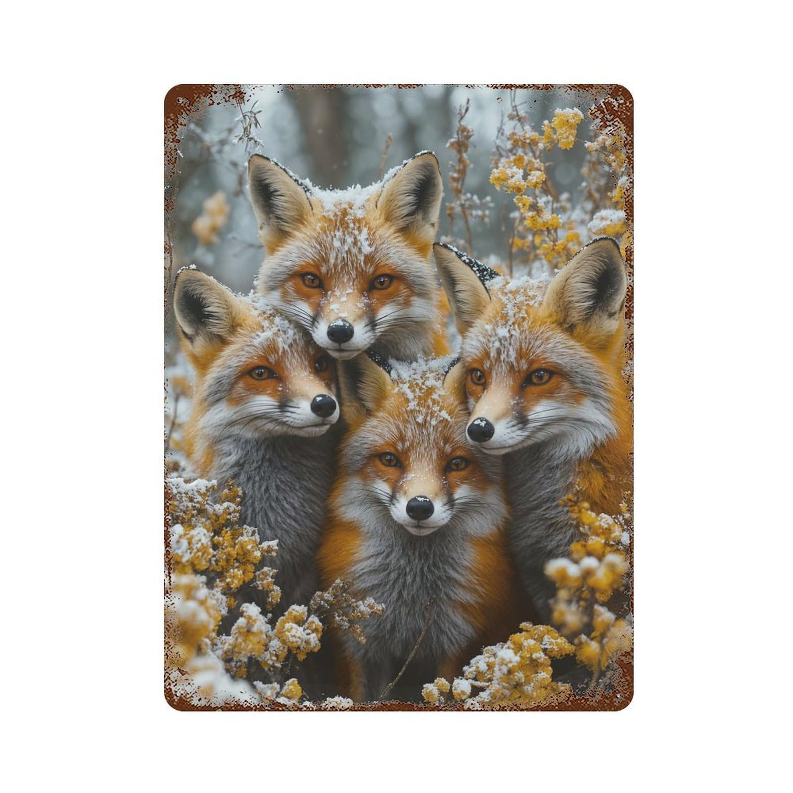 Garage Style Fox Family in Winter Vintage Rust Metal Sign 15.7"x11.8", Shabby Chic Decor for Bar And Workshop