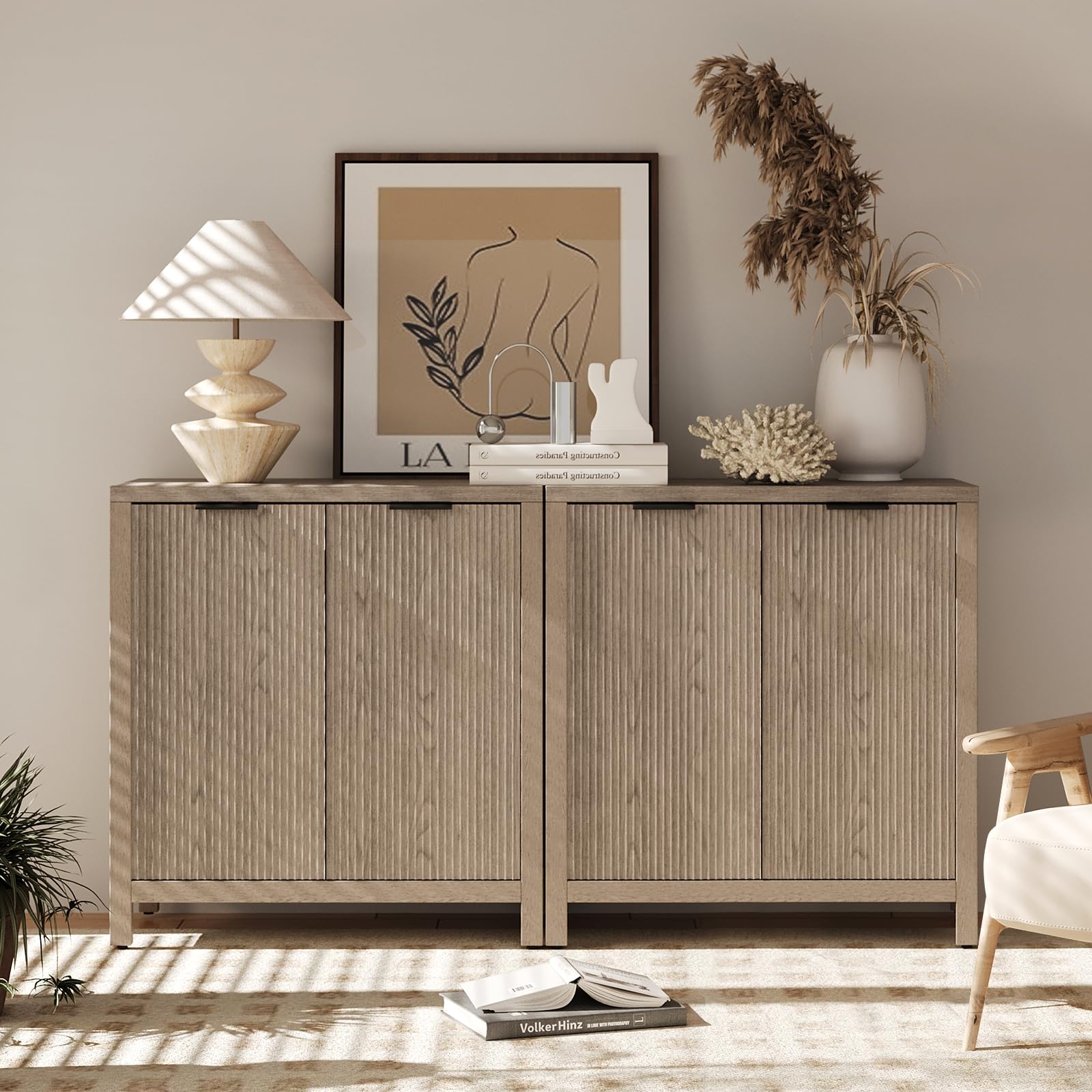 KIMOLST Fluted Sideboard Cabinet,Accent Buffet Cabinet with Adjustable Shelves, Media Console Modern Wood Storage Cabinet for Living Room, Entryway,