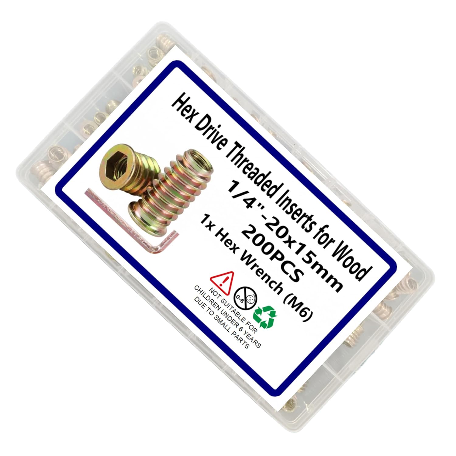 200pcs Threaded Inserts for Wood, 1/4"-20x15mm Screw in Nut Assortment Kit, Hex Drive Nut Insert for Home Office Furniture