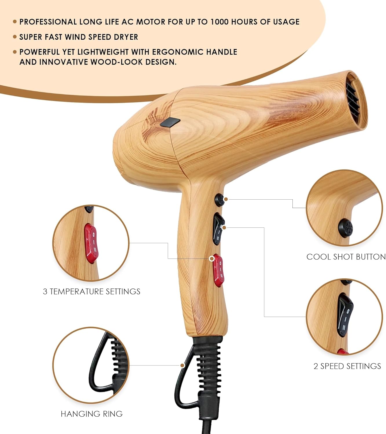 Mr Big Eco Pro Wood Grain Hair Dryer – Innovative Wood Look Design, Multiple Speed & Heat Settings, Cool Shot Button, 2 Concentrator Nozzles – Fast Drying, Frizz Control