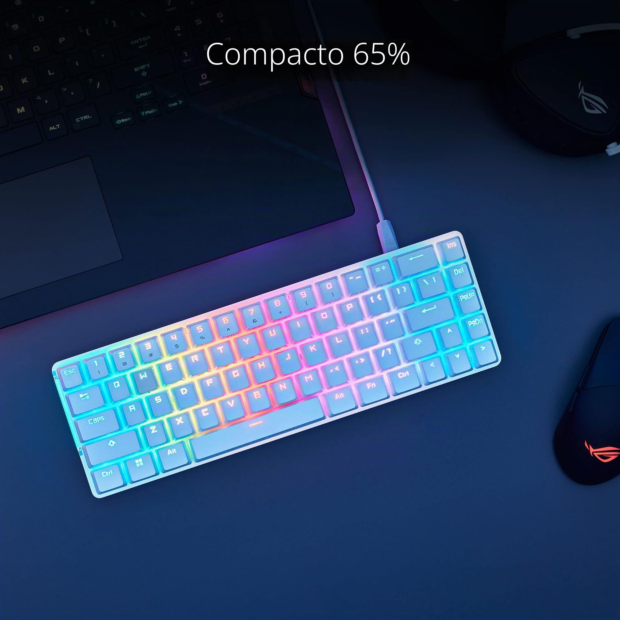 ASUS ROG Falchion Ace - Teclado mecánico para juegos, iluminación RGB, interruptores rojos ROG NX, teclado estabilizador, espuma insonorizante, teclas PBT, cableado con KVM, diseño italiano, blanco