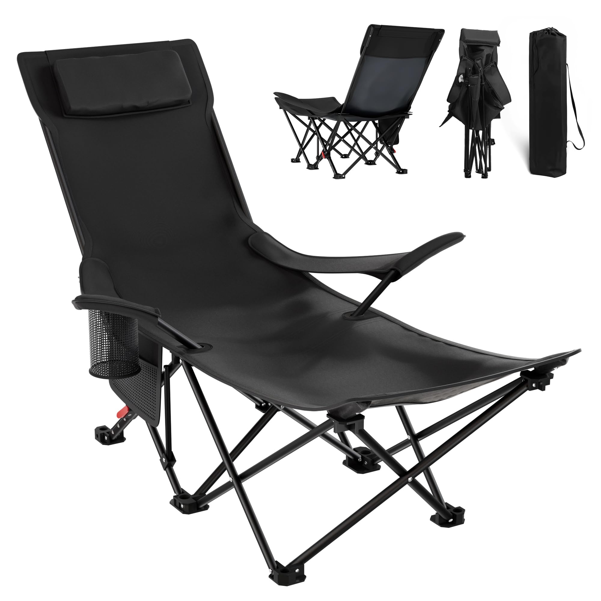 Chaise de camping, pliable avec repose-pieds et support dorsal réglable sur 4 positions, chaise de camping avec porte-gobelet et sac de transport, chaise pliante pour camping, pêche et plage