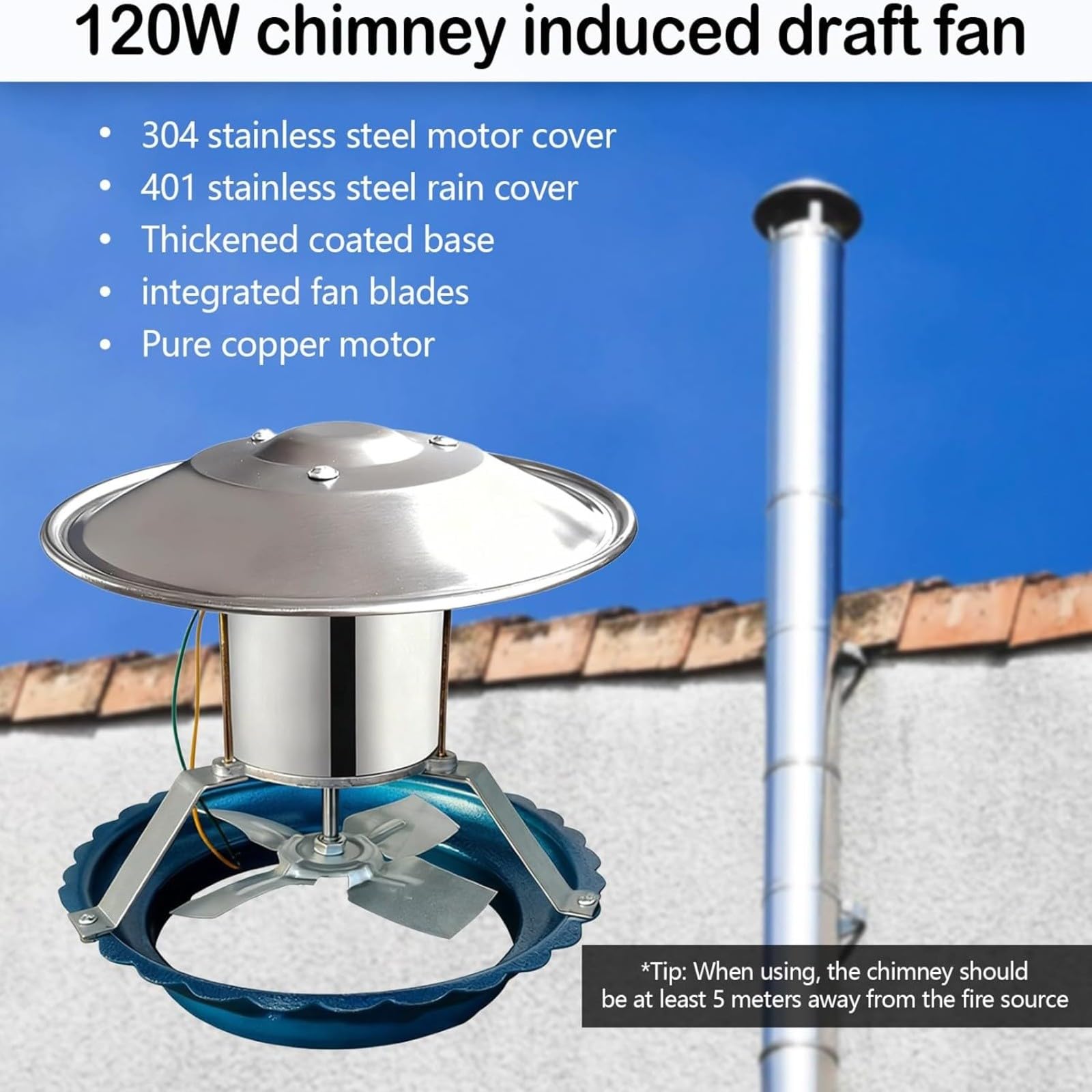 Ventilateur d'échappement de cheminée en acier inoxydable 120 W avec noyau en cuivre silencieux compatible avec les poêles à bois, cheminées, foyers