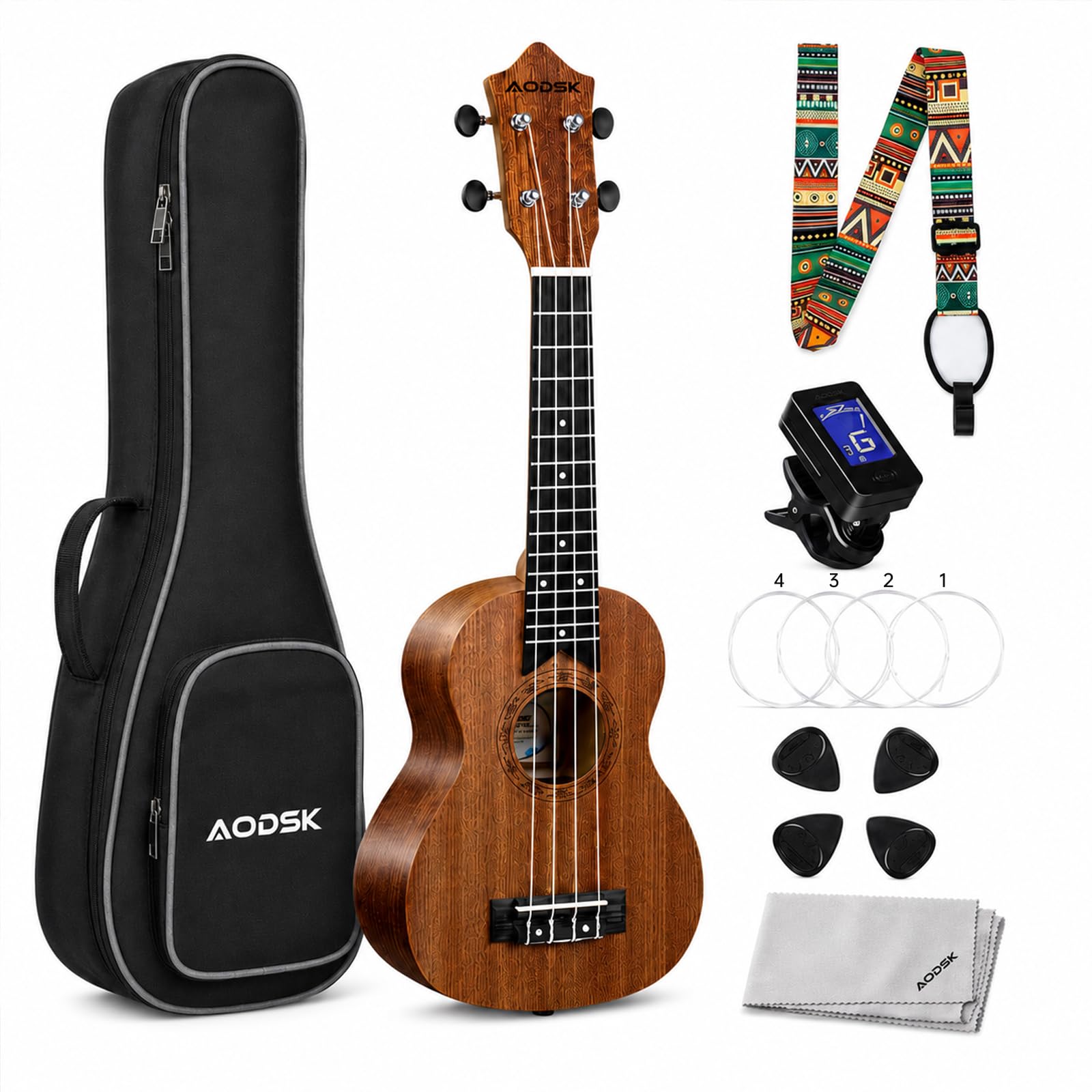 AODSK Ukulele sopranowe dla początkujących 53 cm zestaw Ukelele z torbą Gig Tuner nylonowy sznurek 4 kostki tkanina lekcja online prezent świąteczny