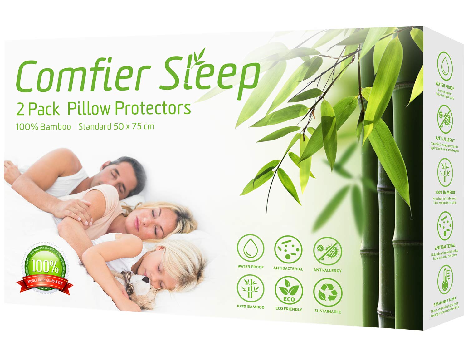 Pillow Protectors 2 Pack 50x75cm – 100% Bamboo, Triple Layer with Zip, Waterproof Pillow Protectors – Breathable, Soft, Hypoallergenic, Noiseless & Washable