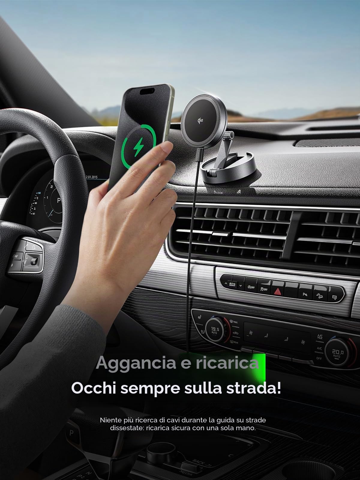 THREEKEY Caricatore Wireless Auto per Magsafe, Qi2 15W Supporto Telefono Auto Magnetico, Car Phone Holder Ricarica Wireless Con Rotazione a 360° per iPhone 16/15/14/13/12 e Samsung S25, Nero