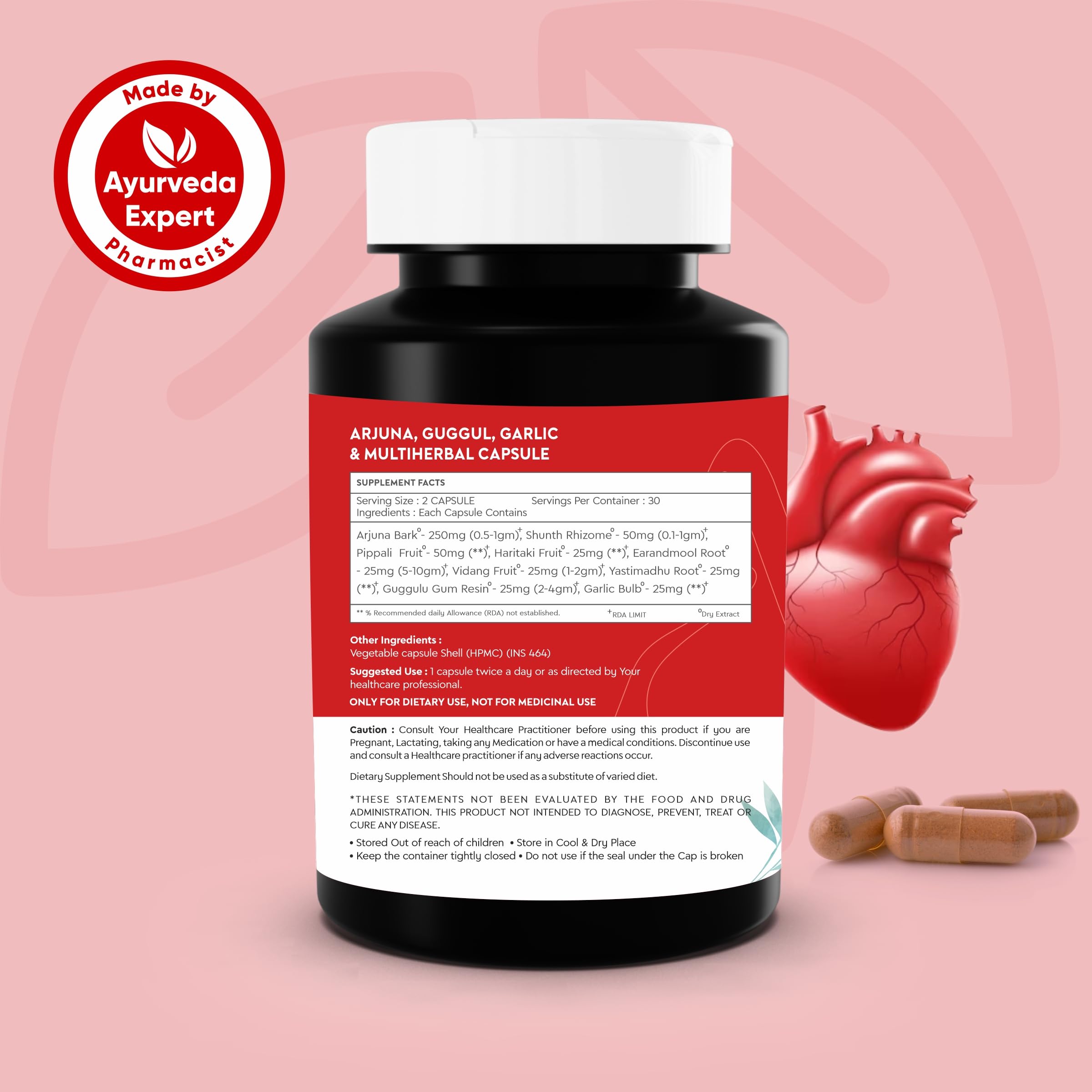 Ayuearth Heart Care Capsule 500 mg | Guduchi, Kalmegh, Katuki & Multi Herbal Capsule | Supports Healthy Cholesterol Levels | Retains Healthy Blood Pressure Levels | 60 Veg Capsules 1