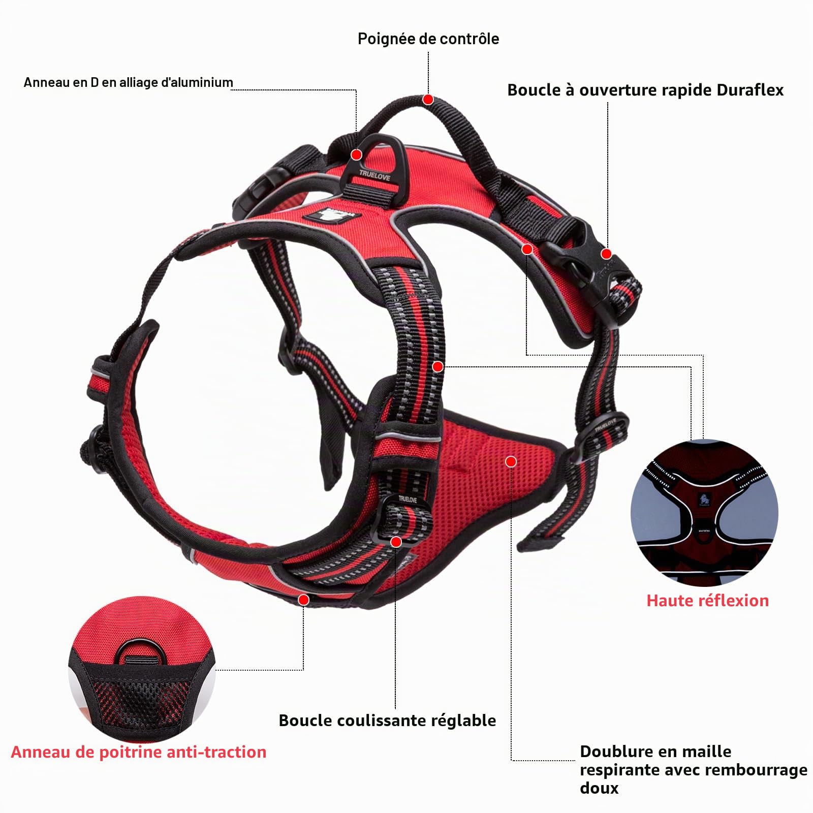 TRUE LOVE Réfléchissant Harnais De Chien Réglable Décourager Tirer Pet Gilet Durable en Nylon De Voiture TLH5651 (Rouge, M)