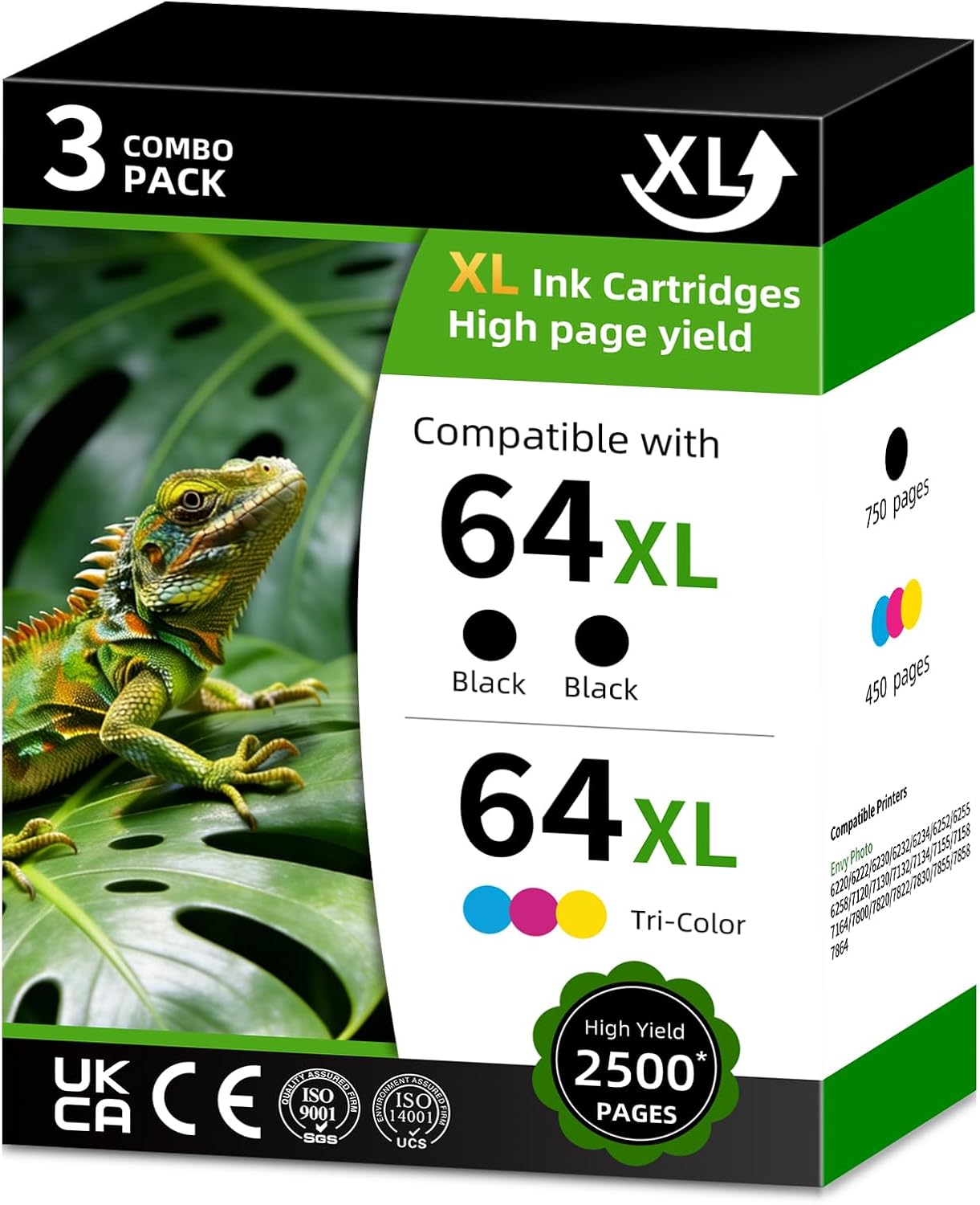 64XL High Yield Ink Cartridge Replacement for HP64XL HP64 64 XL Combo Pack Compatible with HP Envy Photo 6220 6222 6230 6232 6234 6252 6255 6258 (Black Tri-Color 3 Pack)