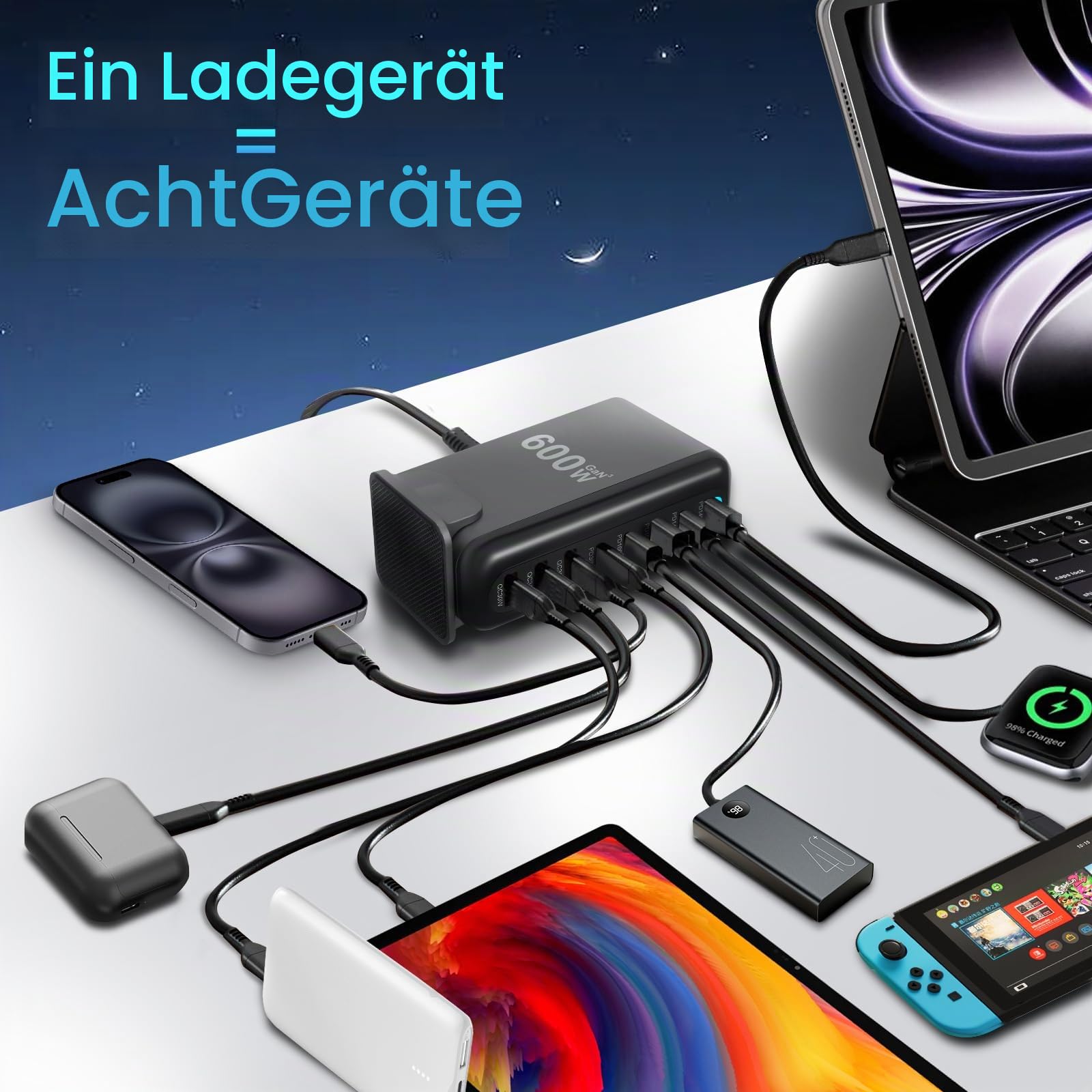 600W Ladegerät Mehrfach, 8 Ports USB Ladegerät Mehrfach Testsieger GAN Schnellladegerät PD PPS 140W Ladestation Multi Charger Station mit 5 USB-C 3 USB-A Netzteil Mehrfachladegerät für Telefon Laptop
