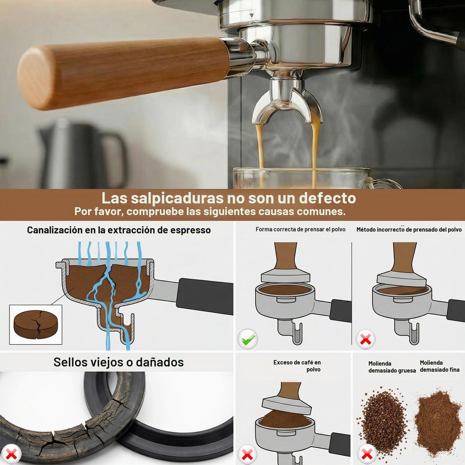 Portafiltro de 51 mm para cafetera DeLonghi EM450M, 3 orejas 4mm de espesor, Para Casabrews CM5418/Cecotec Power Espresso 20, soporte de filtro de acero inoxidable con mango de madera premium