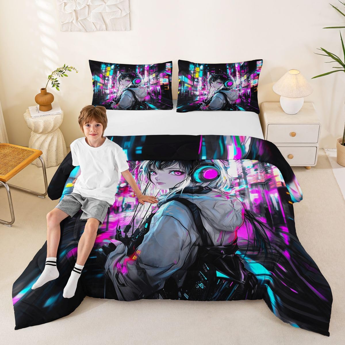 Erosebridal Anime Girl Full Bedding Set,Japanese Style 3D Anime Comforter Set for Kids Girls Boys Room Decor,Sci Fi Style Gaming Quilt Bed Set Hot Pink Colorful Bed Comforter Set 3Pcs image 2