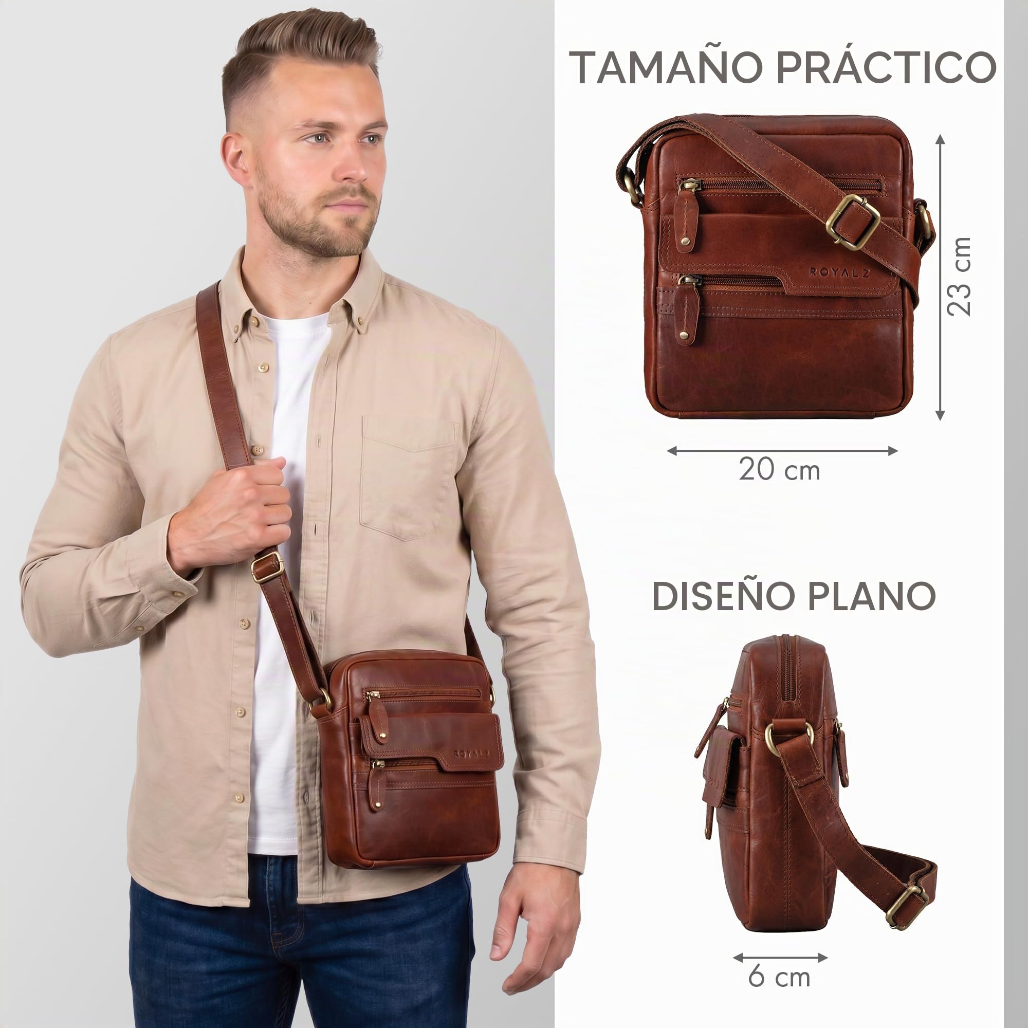 ROYALZ "Oregon Bandolera Hombre Piel Pequeña – Bolso Hombre de Piel Auténtica Vintage, Bolso Bandolera Hombre Compacto, Bolso Cruzado Hombre, Bolso Messenger de Cuero