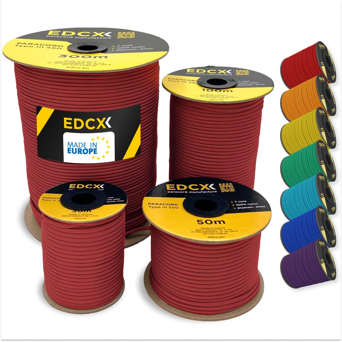 EDCX 4mm Nylon Paracord 550 15m (50 feet) | Ideal for Camping, Survival, Outdoor, Crafting, DIY | 100% Nylon Rope 4mm | Paracord 550 Type III in Solid Color (Red, 15 m)