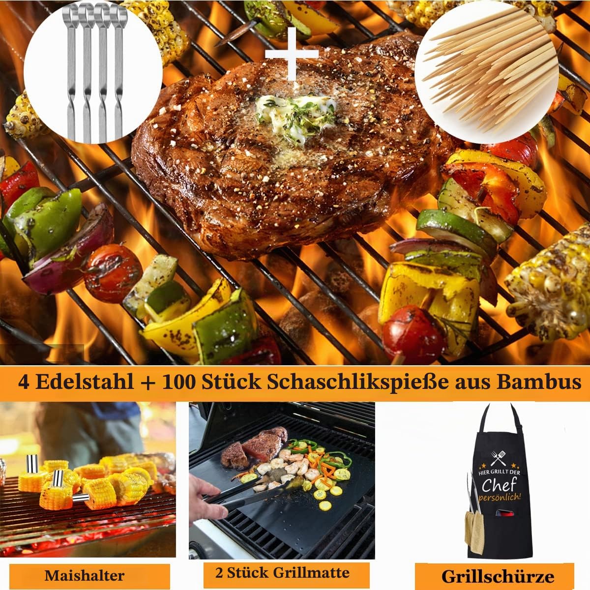 MUJUZE Grillbesteck Set,Grillzubehör Männer Geschenk,Grillset für Männer Papa Geschenk,Grill Zubehör Set aus Edelstahl im Koffer,BBQ Gasgrill zubehör für Garten und Camping(BBQ Set mit Grillschürze)