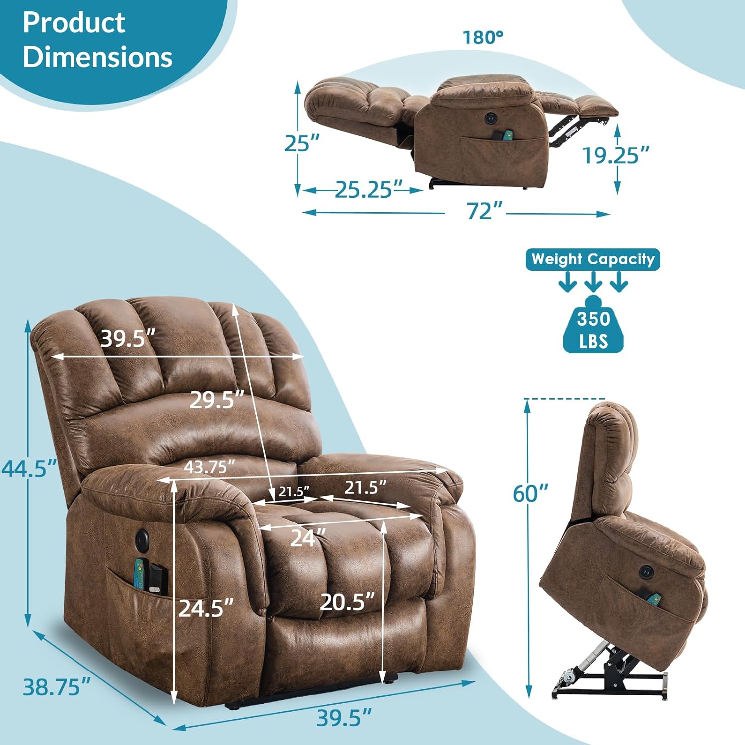 Large Dual Motor Power Lift Recliner Chair Lay Flat Sleeper Chair with Heat and Massage, 2 Remote Controls, 2 USB Ports & 2 Side Pockets (Brown)