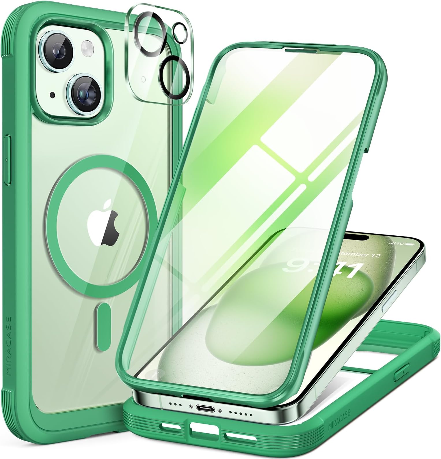 Miracase Magnetic for iPhone 15 Plus Case 6.7'' [Compatible with Magsafe] Full-Body Military Drop Proof 15 Plus Phone Case Cover with Built-in 9H Tempered Glass Screen Protector,Magnetic Green | Magnetic, 6.7'', Full-Body, Military Drop Proof, 15 Plus Phone Case