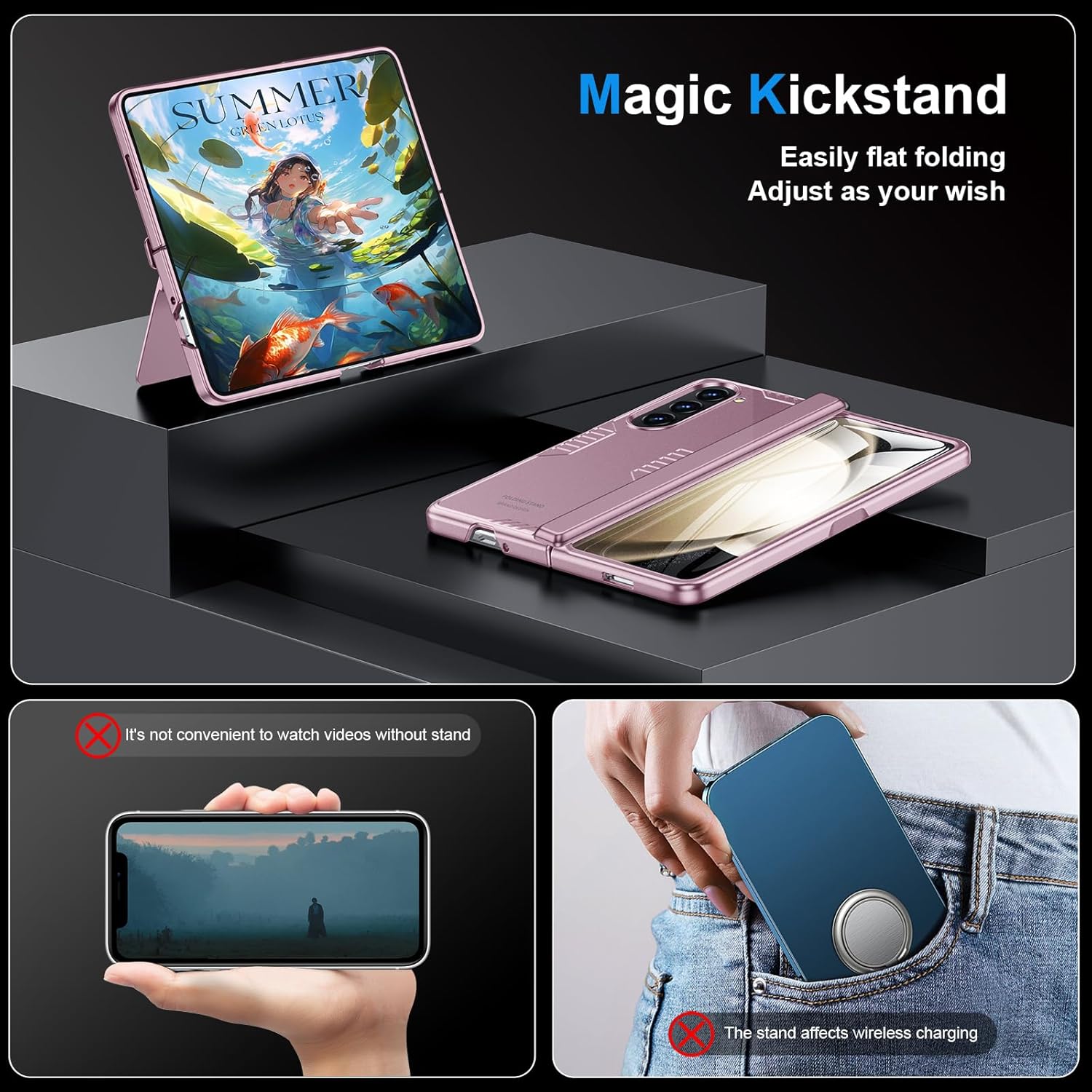Phone Case for Samsung Z-Fold-5: [Hidden Kickstand][Wireless Charging] Slim Hinge Protection Lightweight Stand Case with Screen Protector- Protective Cover for Galaxy Fold 5 5G 2023 (Rose Gold)