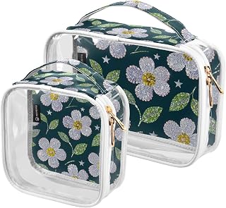 2 Pack White Fake Sequin Flowers clear decorative small toiletry bag TSA approved multifunctional small cosmetic bag Airport Airline Compliant maquillaje